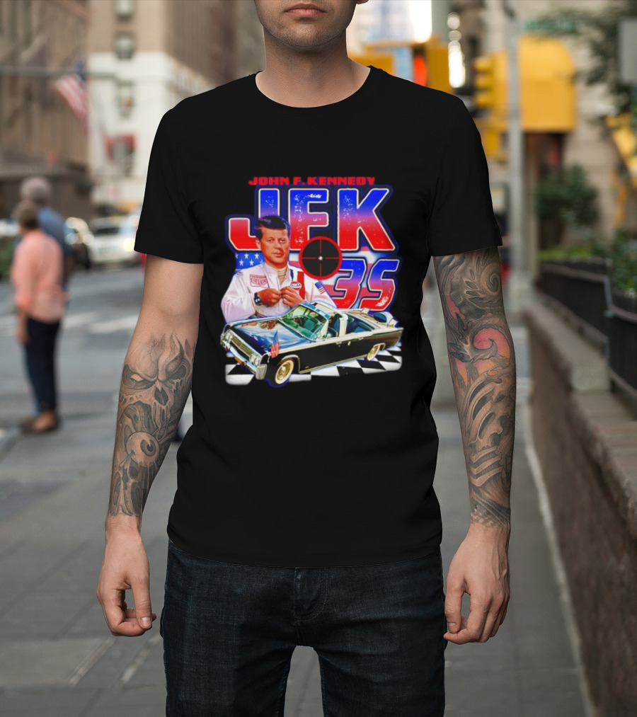 John F. Kennedy JFK 35 Racer Car USA Flag T-Shirt