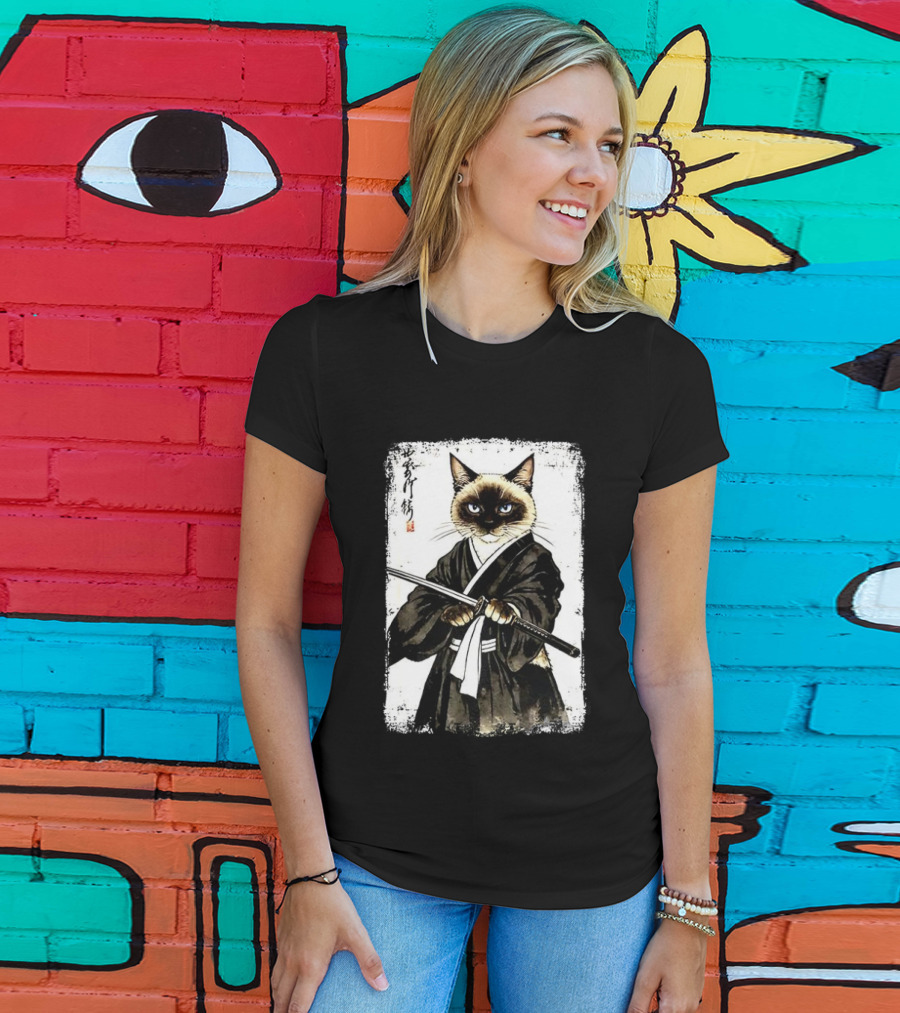 Siamese Cat Samurai Warrior Japanese Vantage Painting Kanji T-Shirt