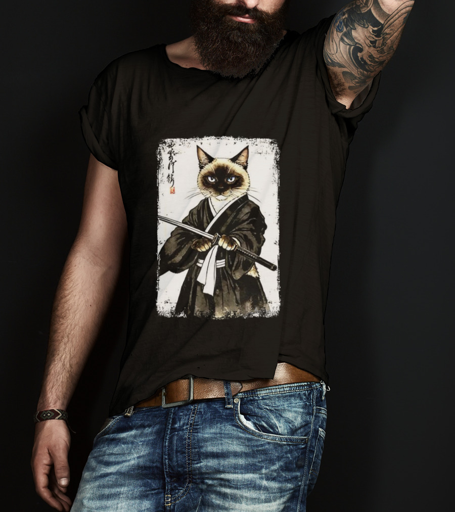 Siamese Cat Samurai Warrior Japanese Vantage Painting Kanji T-Shirt