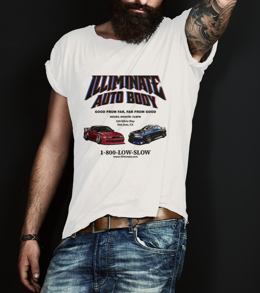 Illiminate Auto Body Good From Far Far From Good Retro Red Blue Car T-Shirt