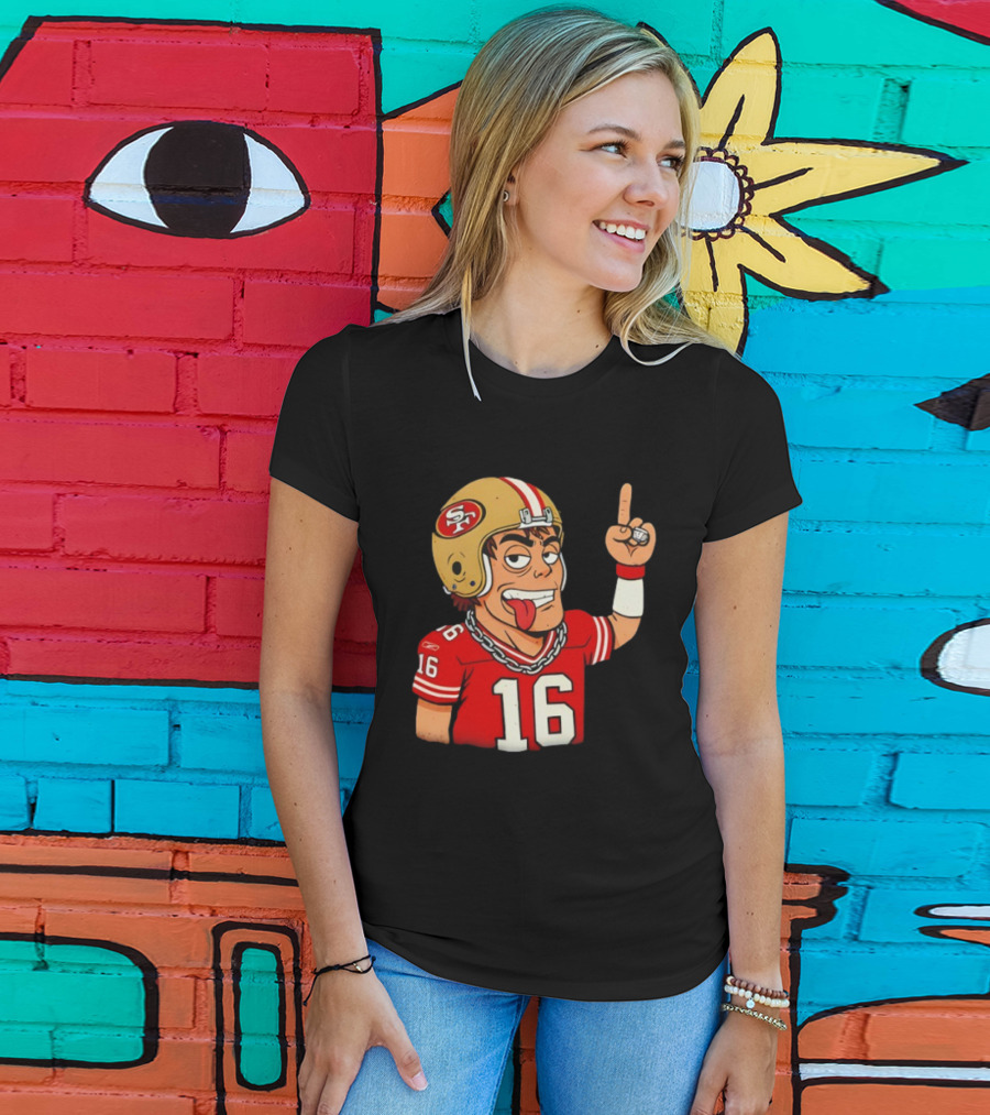 Legendary Quarterback Joe Montana #16 San Francisco 49ers Cartoon Helmet Tongue Out T-Shirt