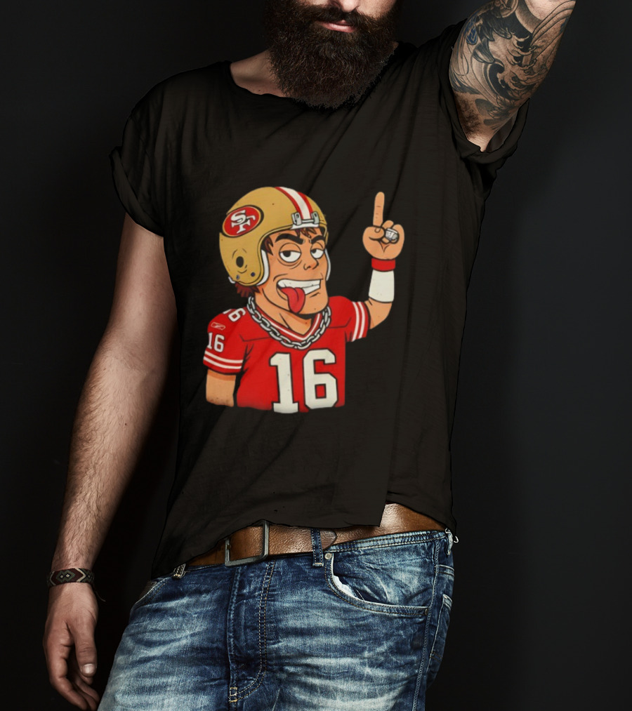 Legendary Quarterback Joe Montana #16 San Francisco 49ers Cartoon Helmet Tongue Out T-Shirt