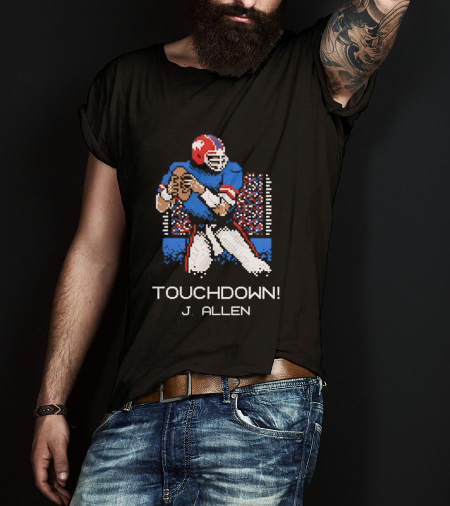 TOUCHDOWN J ALLEN Retro Football Quarterback Blue Red Helmet T-Shirt