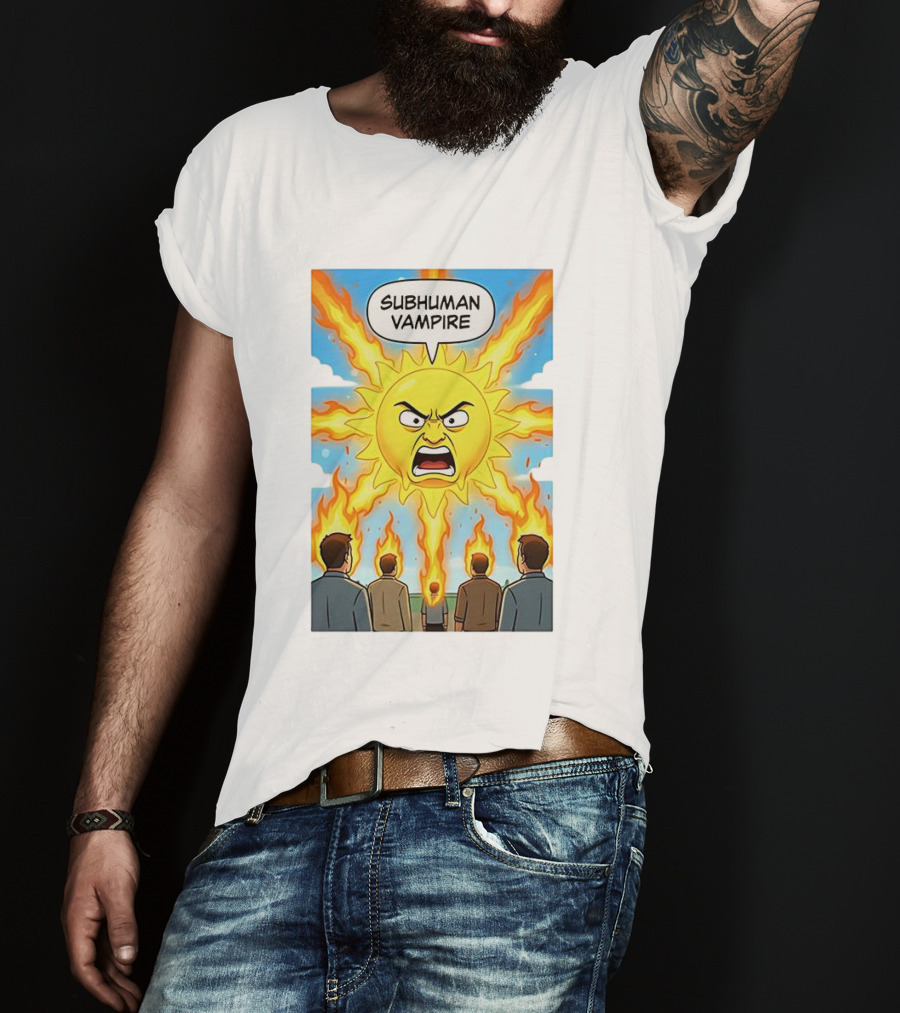 Subhuman Vampire Angry Sun Cartoon With Flames T-Shirt