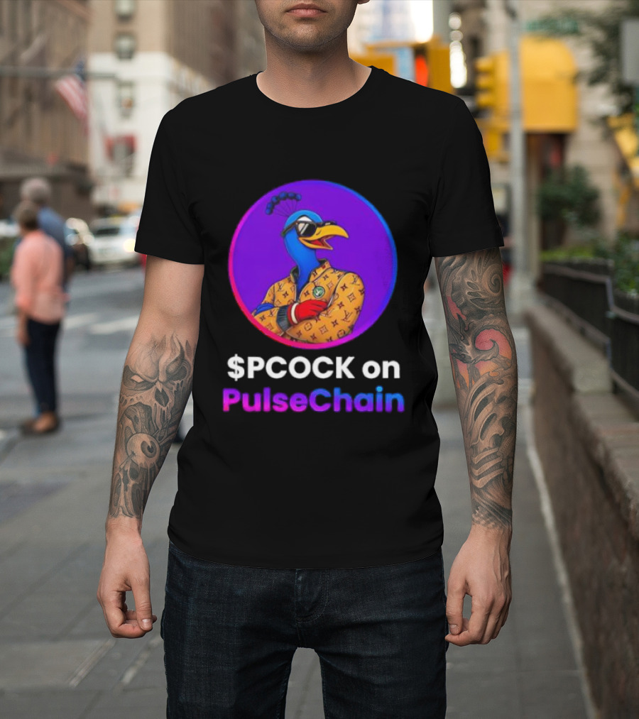 $PCOCK On PulseChain Peacock With Sunglasses And Patterned Outfit T-Shirt