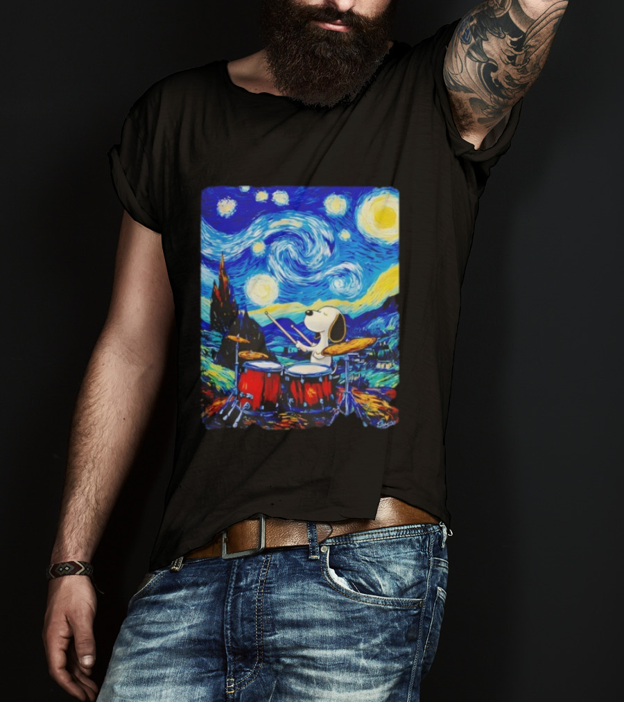 Snoopy Playing Drums Starry Night Van Gogh T-Shirt