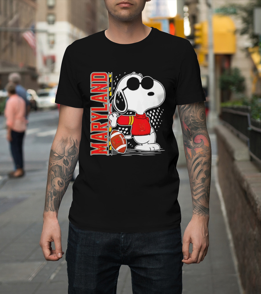 Snoopy Joe Cool With Football And Maryland Terrapins T-Shirt
