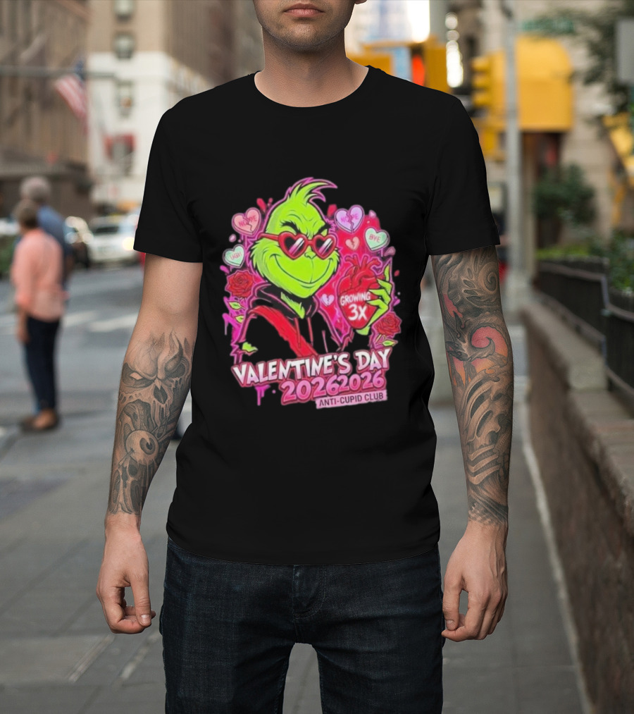 The Grinch Valentine's Day 2026 Anti Cupid Club Growing 3X Heart Funny Sarcastic Candy Hearts T-Shirt