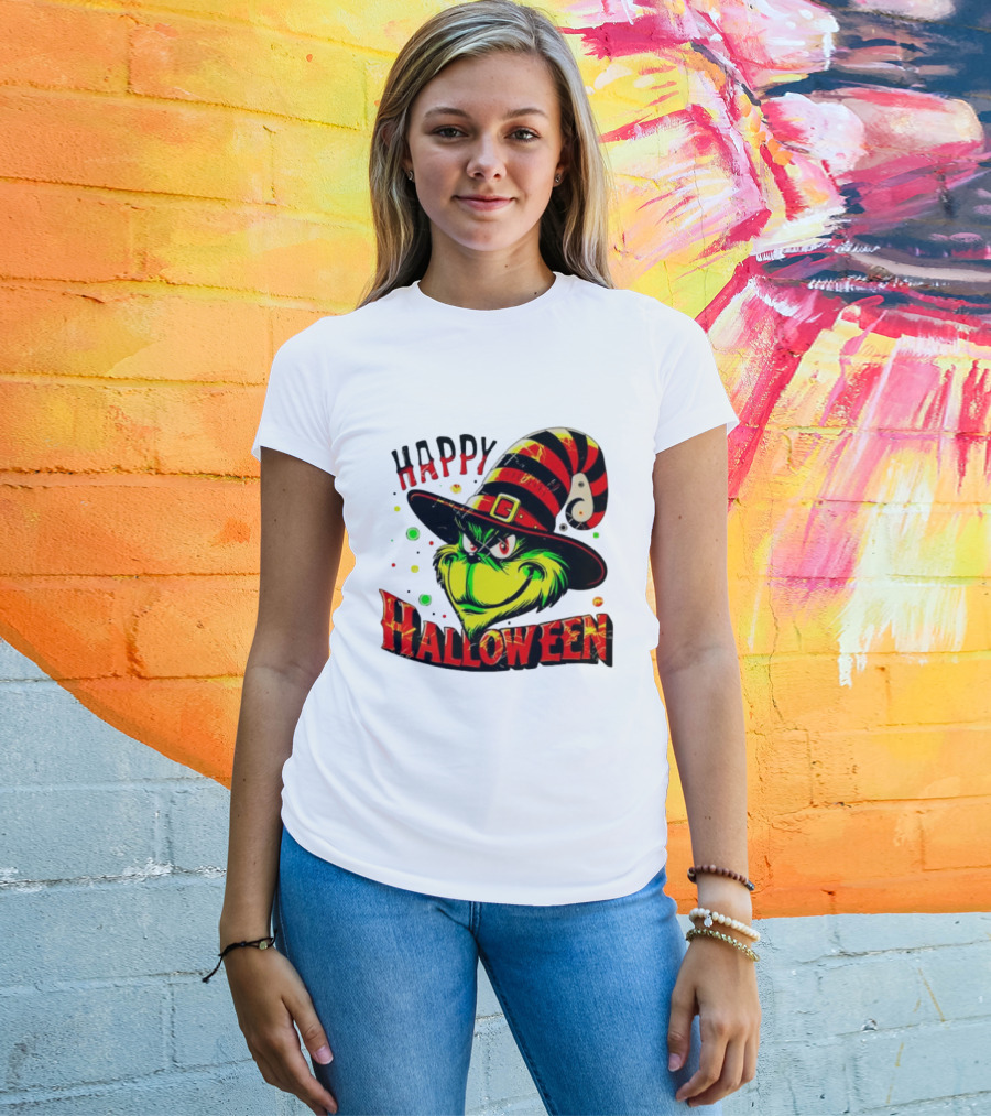 Happy Halloween Grinch Witch Hat Striped Festive T-Shirt