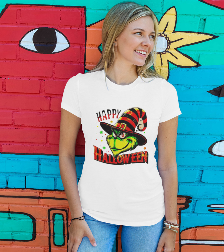 Happy Halloween Grinch Witch Hat Striped Festive T-Shirt