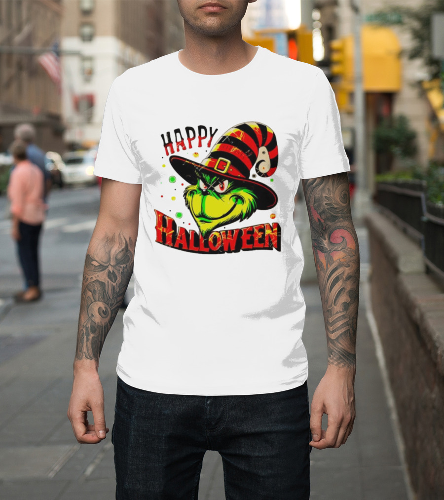 Happy Halloween Grinch Witch Hat Striped Festive T-Shirt