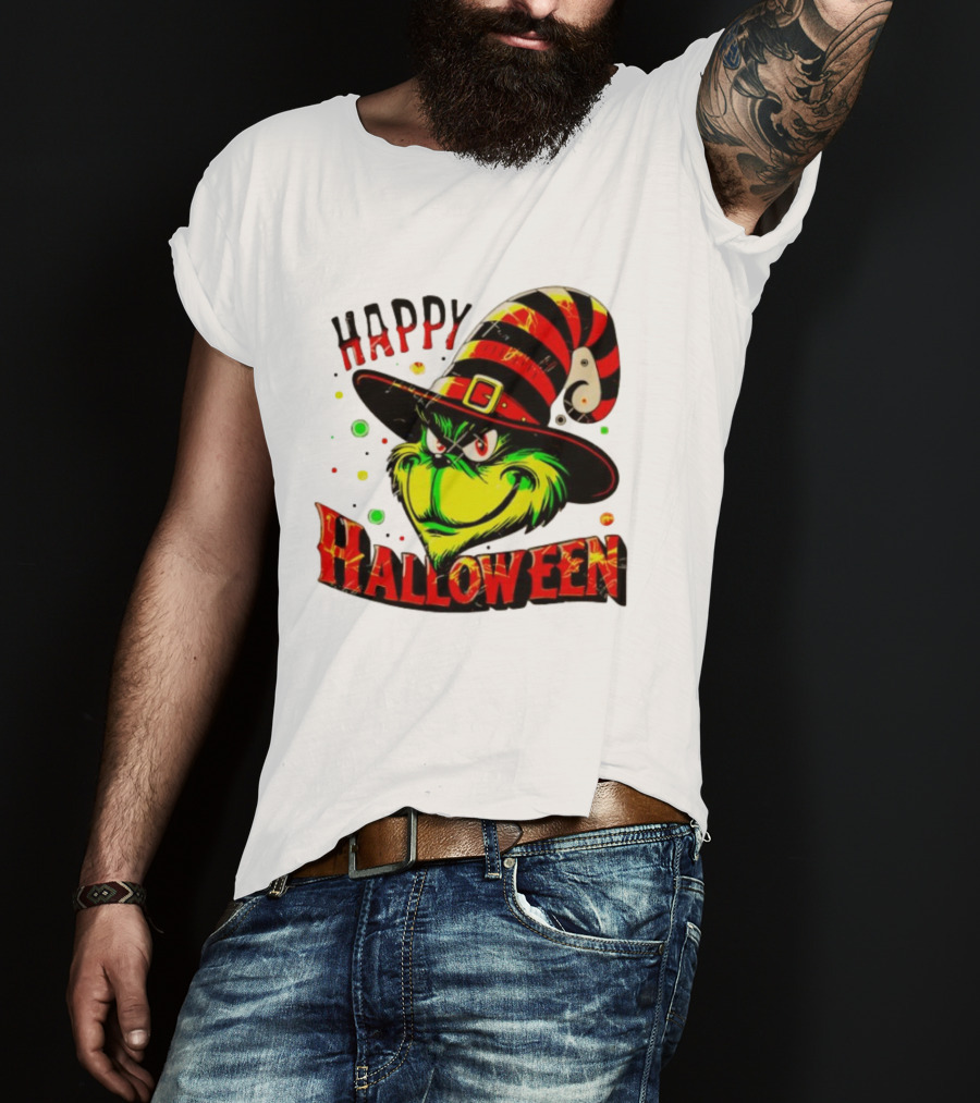 Happy Halloween Grinch Witch Hat Striped Festive T-Shirt
