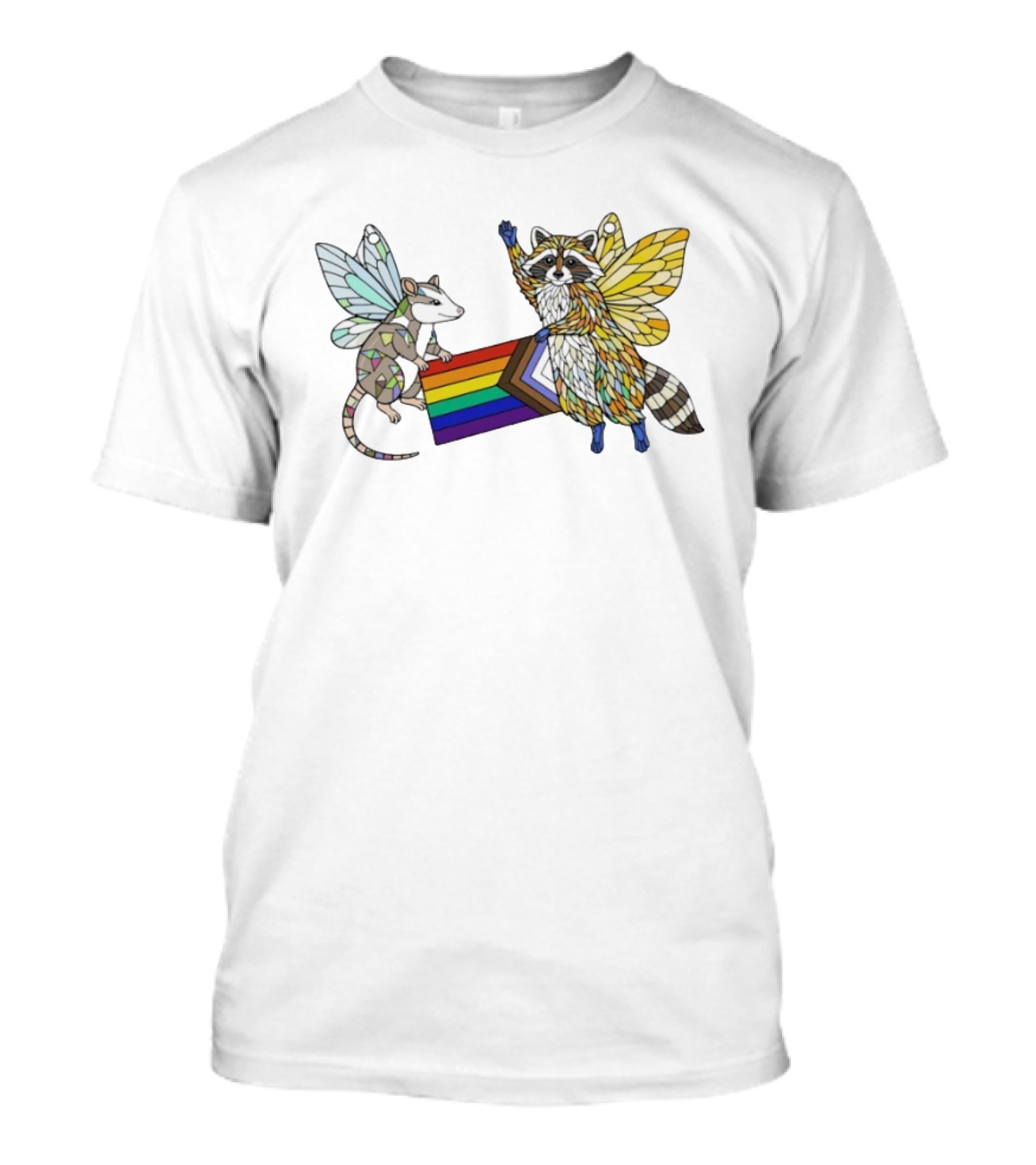 LGBTQ Pride Flag Fairy Opossum And Raccoon With Wings T-Shirt