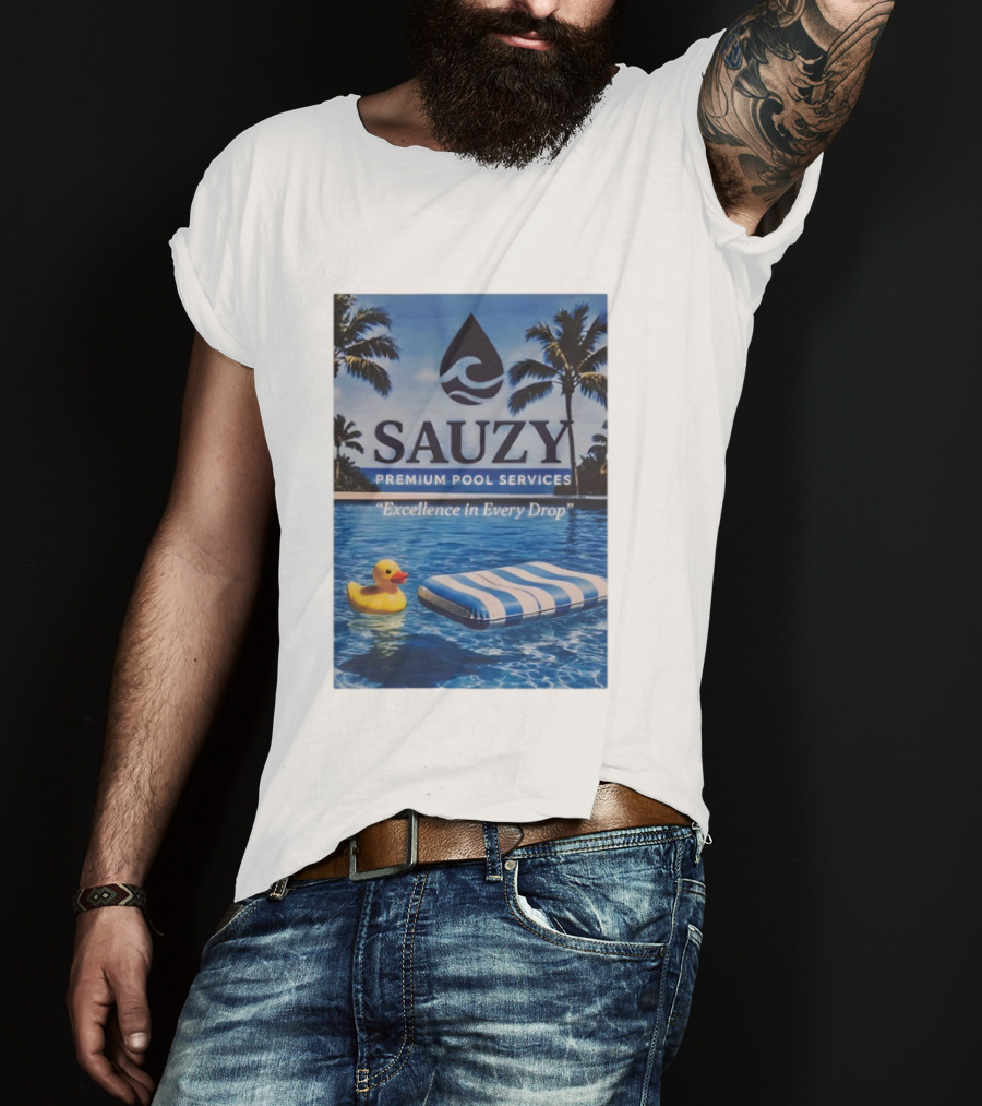 Sauzy Premium Pool Services Excellence In Every Drop Floating Fun With Duck And Lounger Palm Oasis T-Shirt
