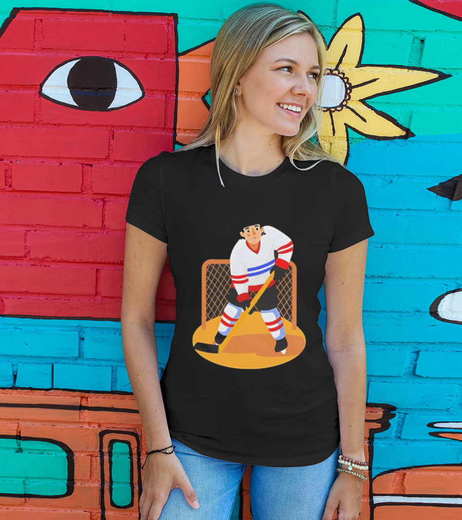 Ice Hockey Goalie In Action With Stick And Net Background T-Shirt