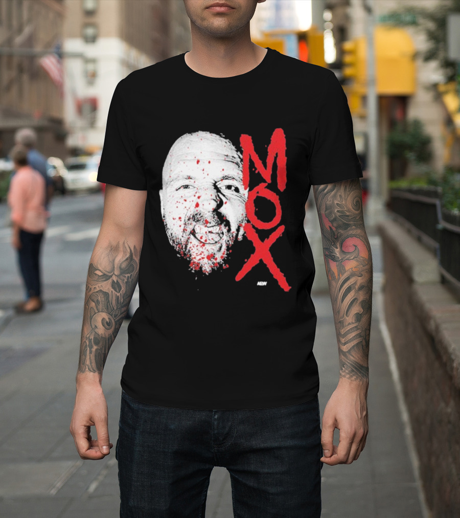 Moxley Big Head Mox Text Blood Splatter T-Shirt