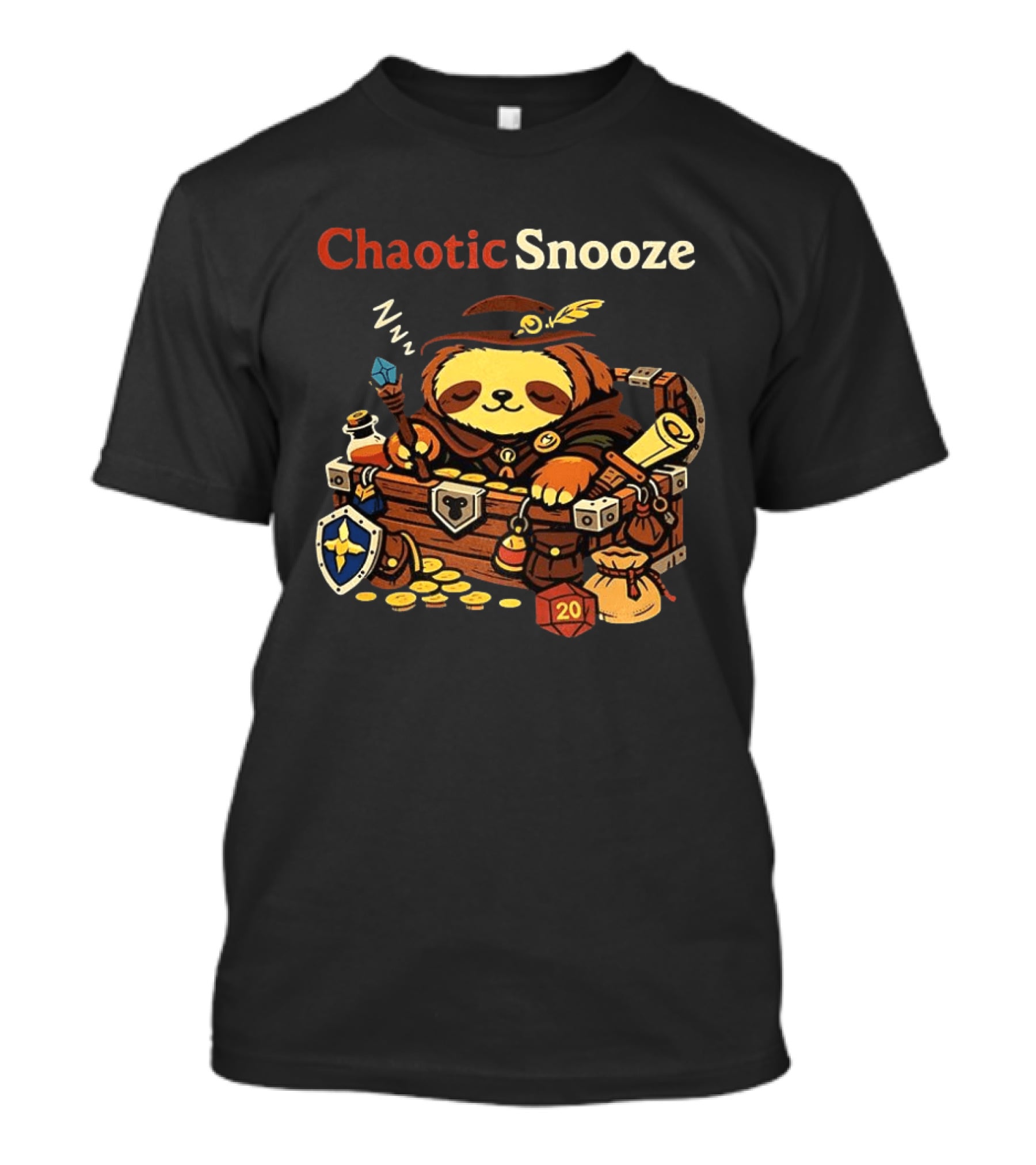 Chaotic Snooze Sloth With Dungeons And Dragons Dice And Treasure T-Shirt