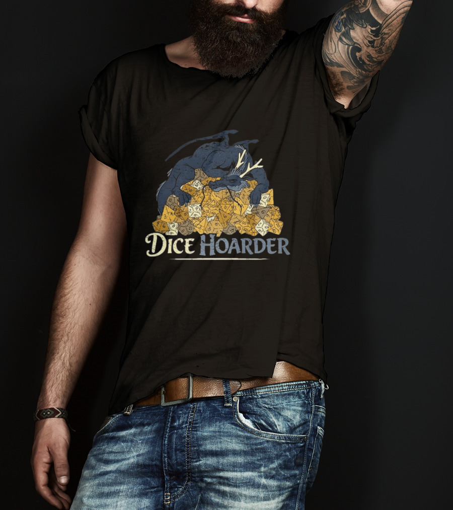 Dice Hoarder Dragon With Pile Of Polyhedral Dice Dungeons And Dragons Fantasy T-Shirt