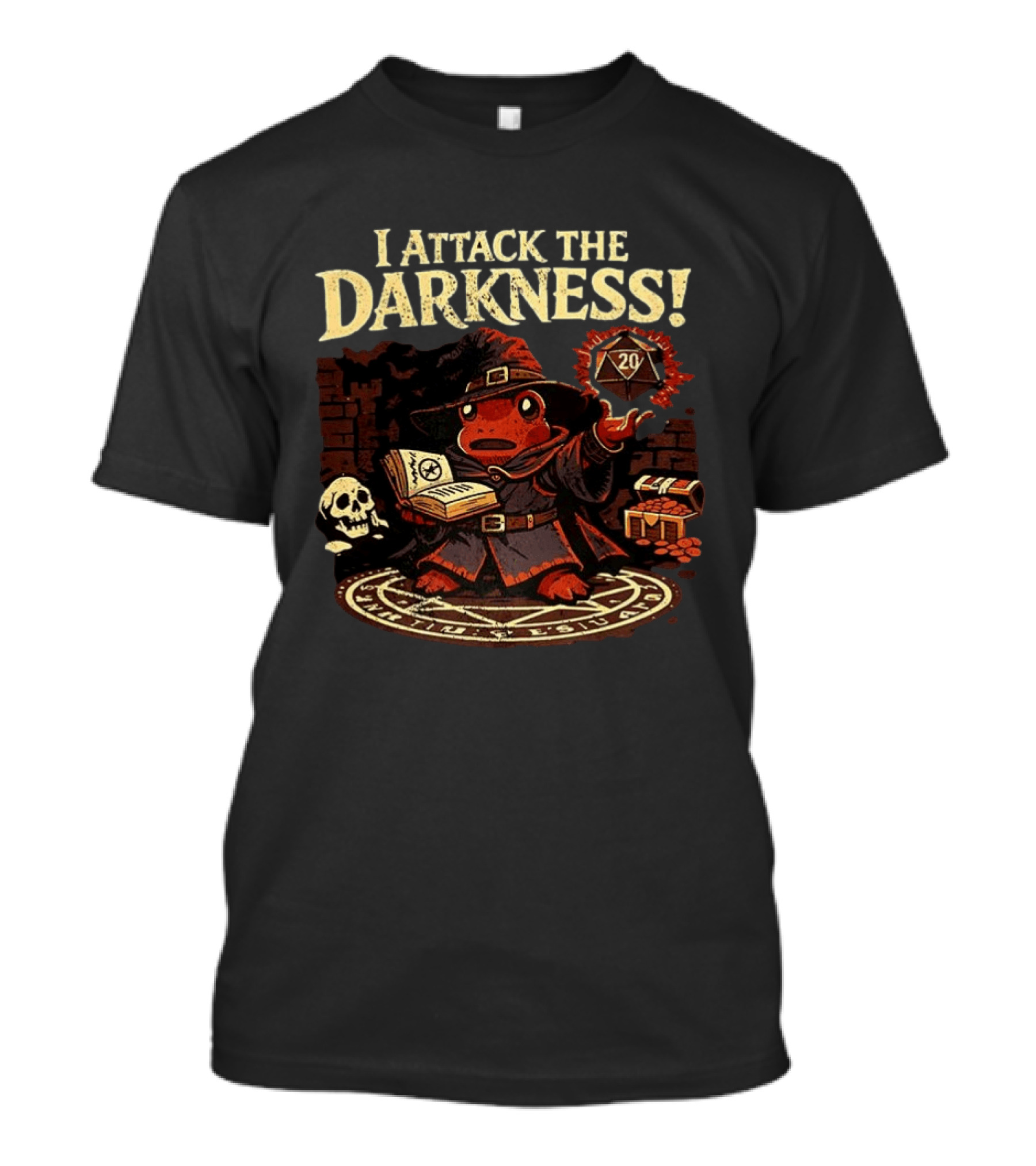 I Attack The Darkness Frog Wizard D20 Skull Spellbook Dungeon Treasure T-Shirt
