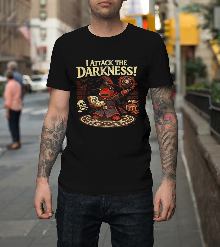 I Attack The Darkness Frog Wizard D20 Skull Spellbook Dungeon Treasure T-Shirt