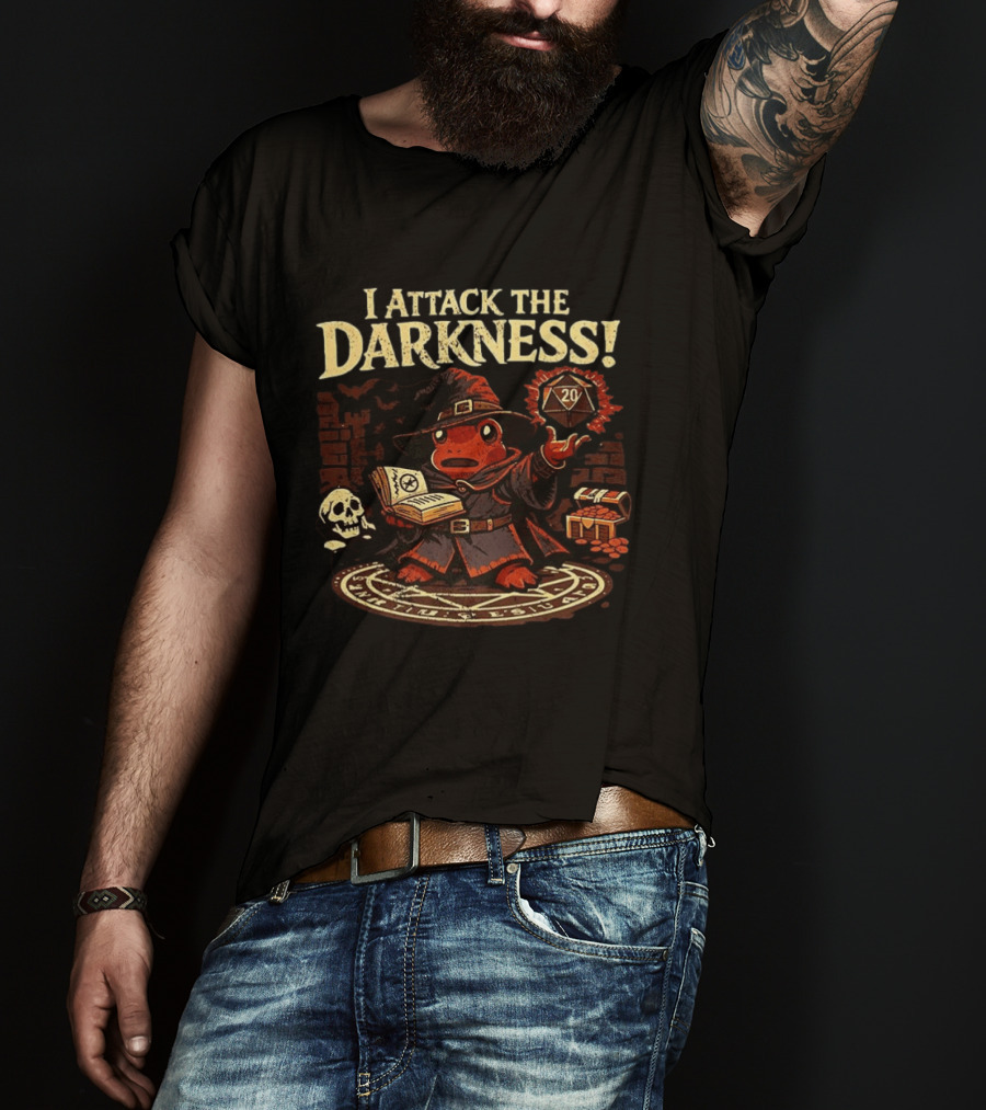 I Attack The Darkness Frog Wizard D20 Skull Spellbook Dungeon Treasure T-Shirt