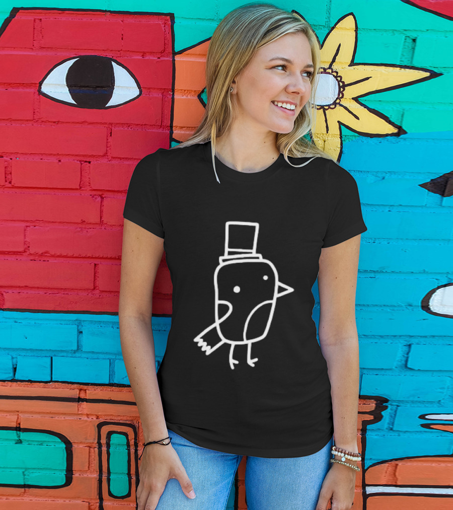 Minimalist Line Art Gentleman Bird Doodle Top Hat T-Shirt