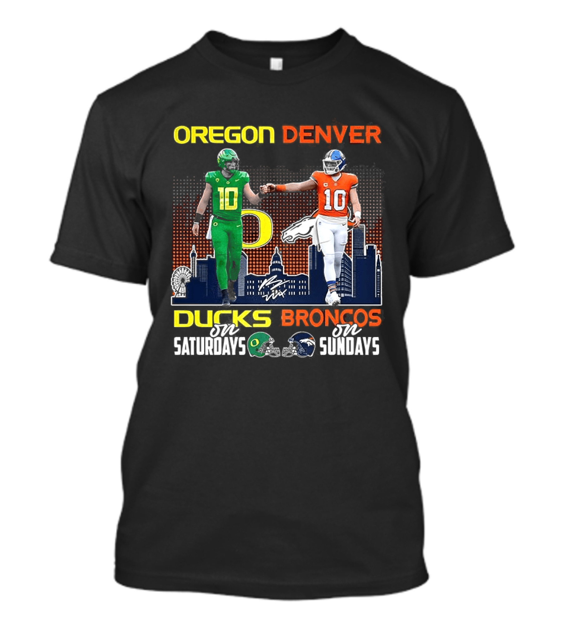 Oregon Ducks Saturdays Denver Broncos Sundays Bo Nix Signature Skyline T-Shirt