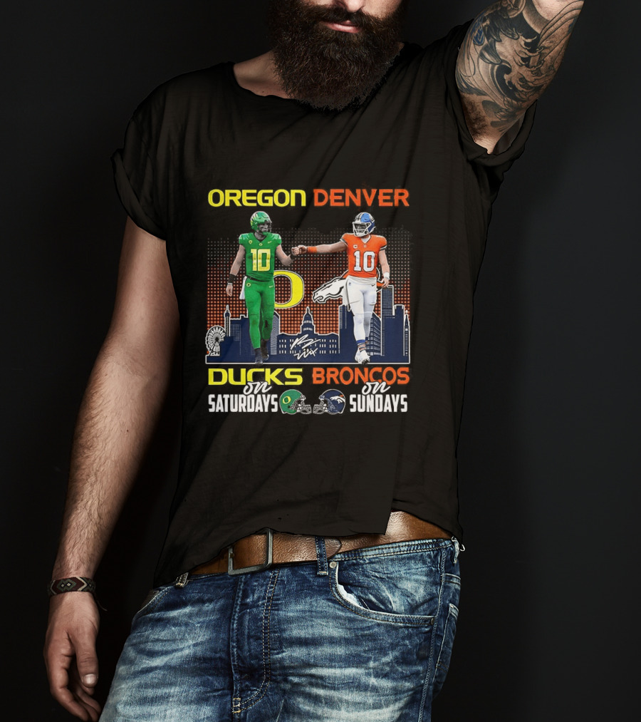 Oregon Ducks Saturdays Denver Broncos Sundays Bo Nix Signature Skyline T-Shirt