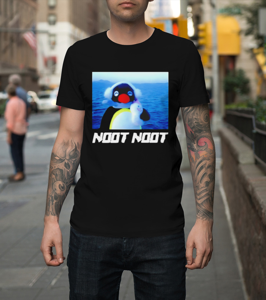 Noot Noot Penguin Holding Toy Ocean Background T-Shirt