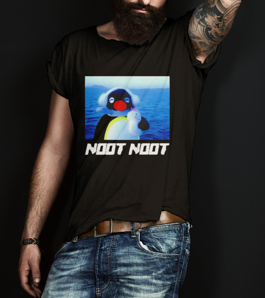 Noot Noot Penguin Holding Toy Ocean Background T-Shirt