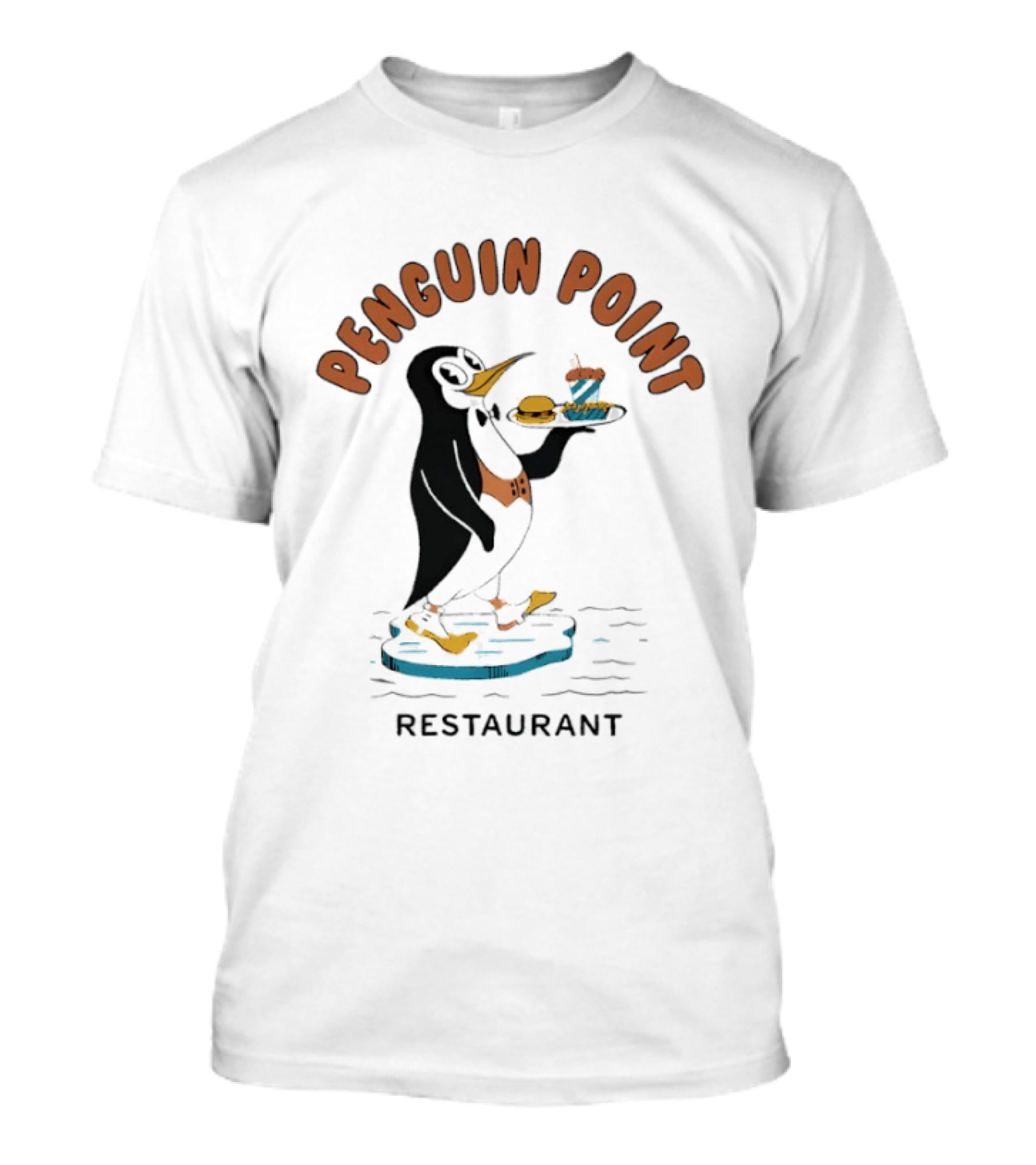 Penguin Point Restaurant Mascot Penguin With Bow Tie And Meal T-Shirt