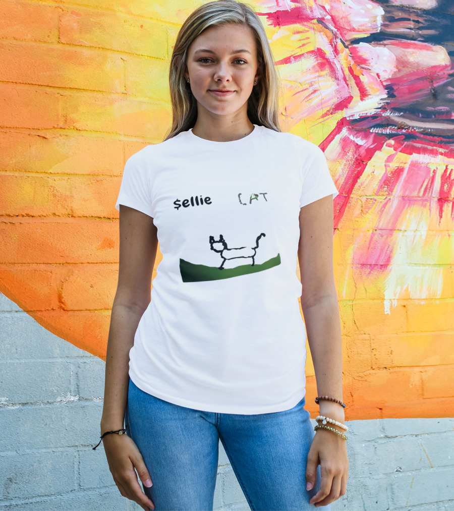 $sellie CAT Drawing Sketch With Green Ground T-Shirt