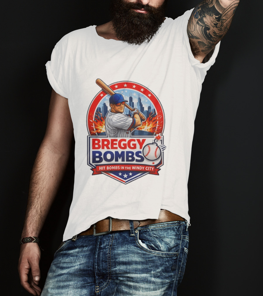 Breggy Bombs Hit Bombs In The Windy City Baseball Power Chicago Skyline Fireworks T-Shirt