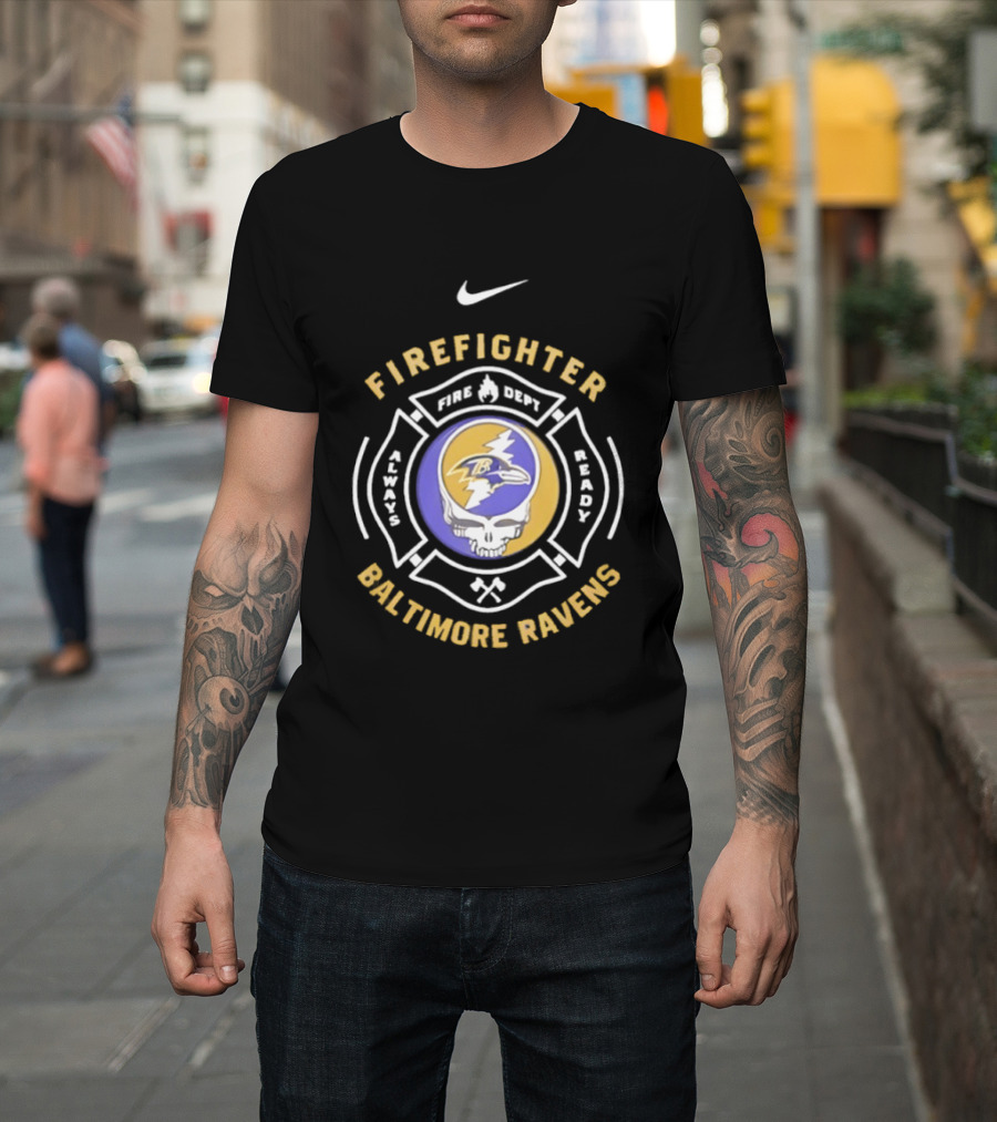 Nike Baltimore Ravens Grateful Dead Firefighter Ravens Heads SFDNY Station 26 Engine 58 T-Shirt