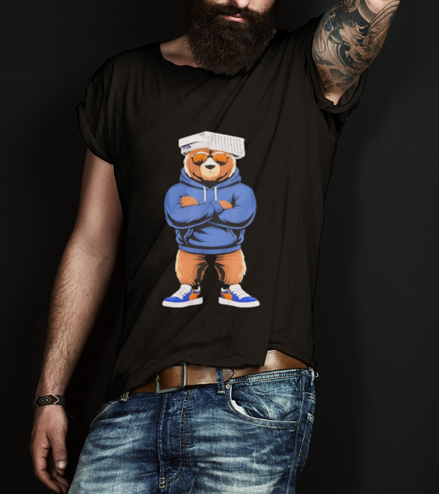 Bear With Cheese Grater Hat And Cool Sunglasses In Blue T-Shirt