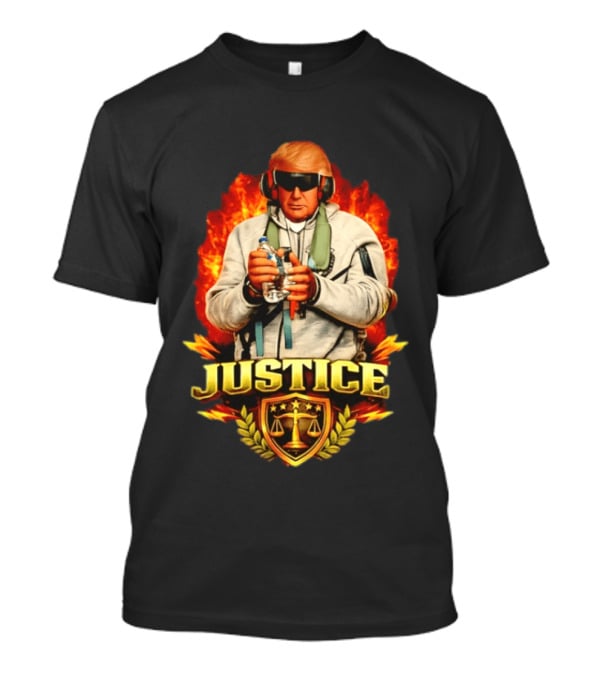 Justice Trump Flaming Background Holding Water Scales Of Justice T-Shirt