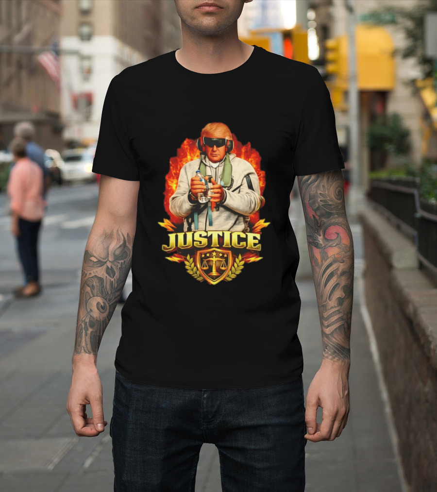 Justice Trump Flaming Background Holding Water Scales Of Justice T-Shirt