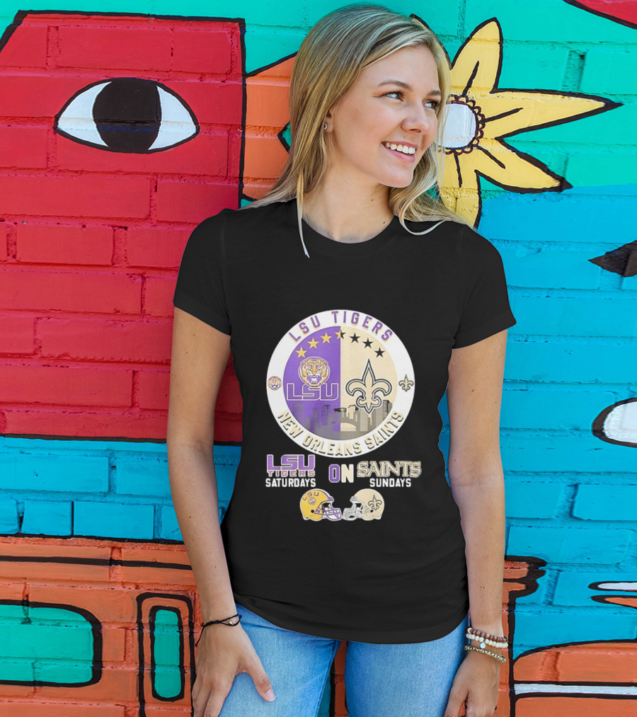 LSU Tigers Saturdays New Orleans Saints Sundays Mashup Helmet T-Shirt