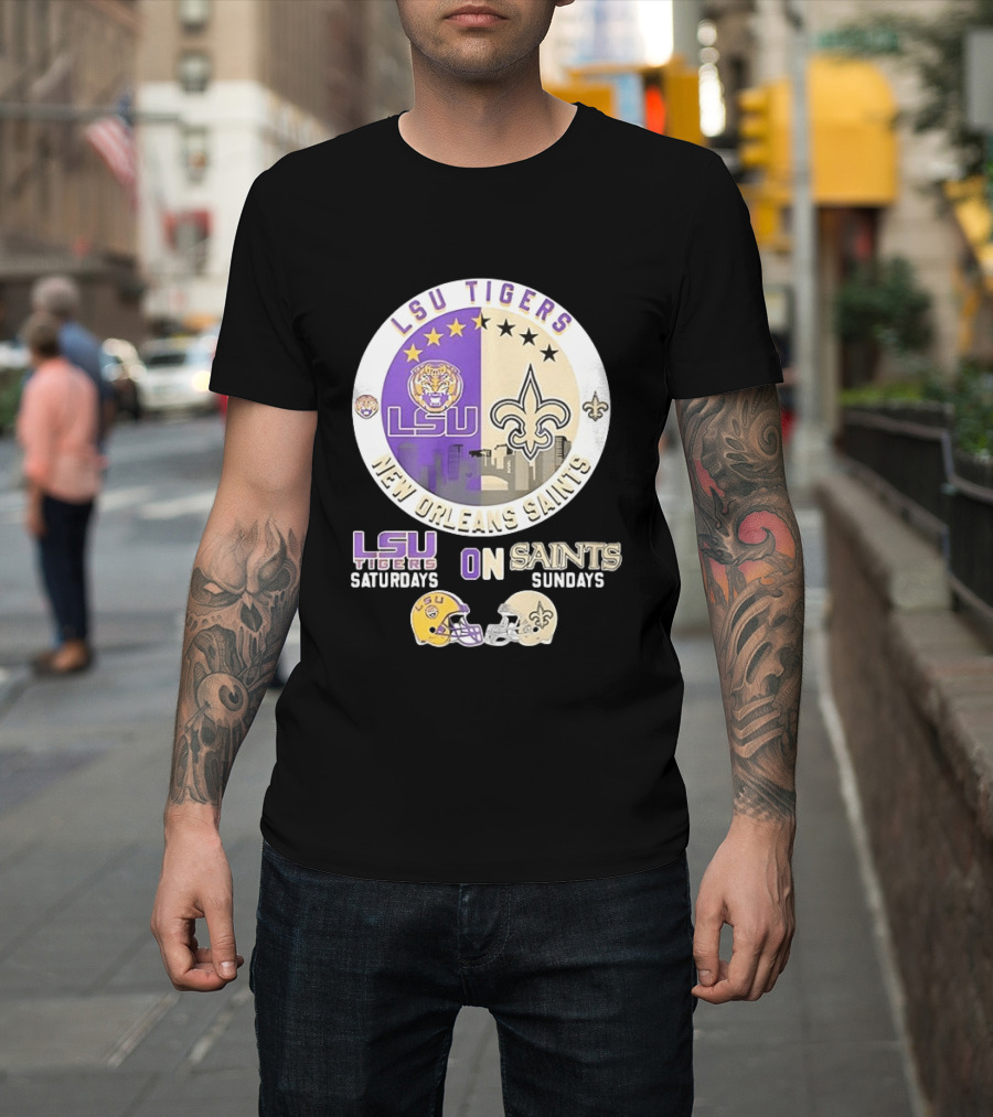 LSU Tigers Saturdays New Orleans Saints Sundays Mashup Helmet T-Shirt