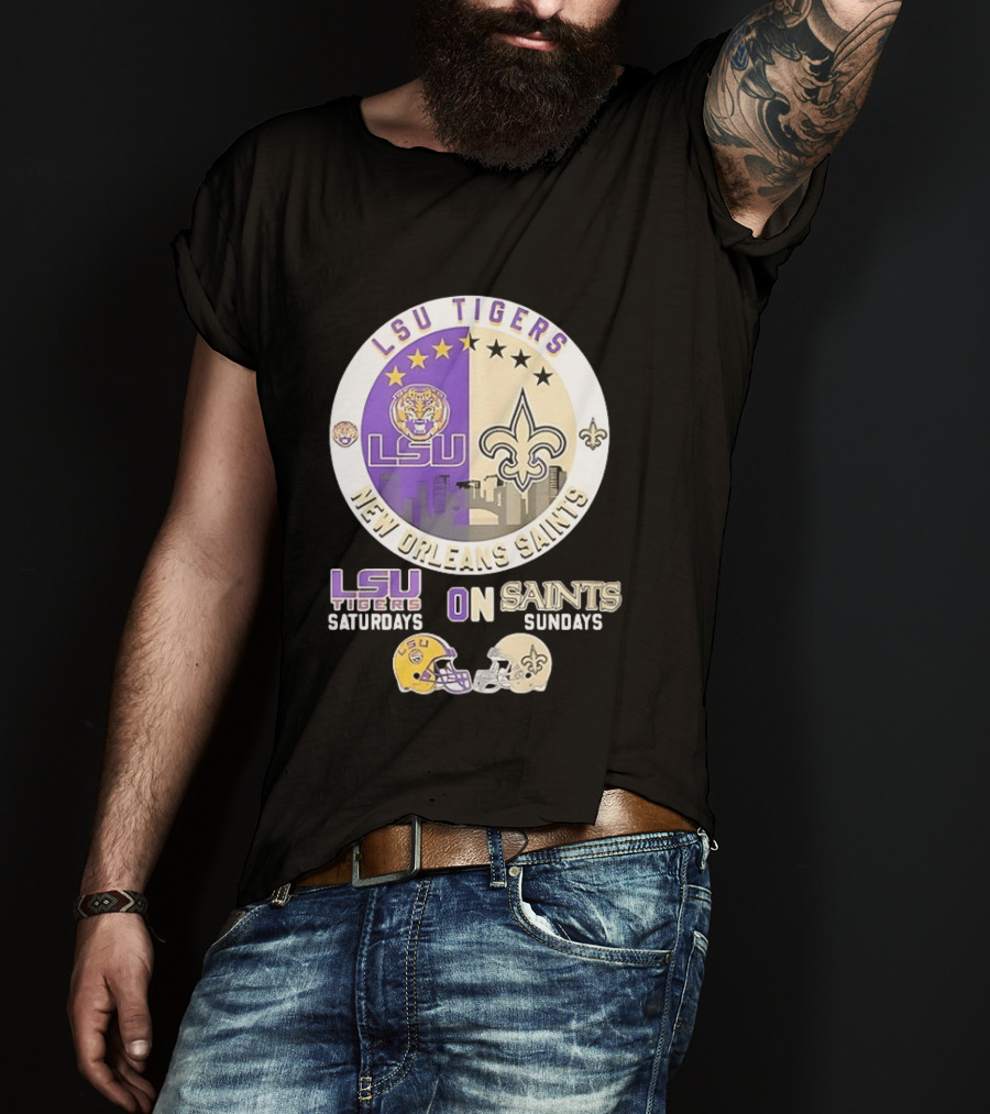 LSU Tigers Saturdays New Orleans Saints Sundays Mashup Helmet T-Shirt