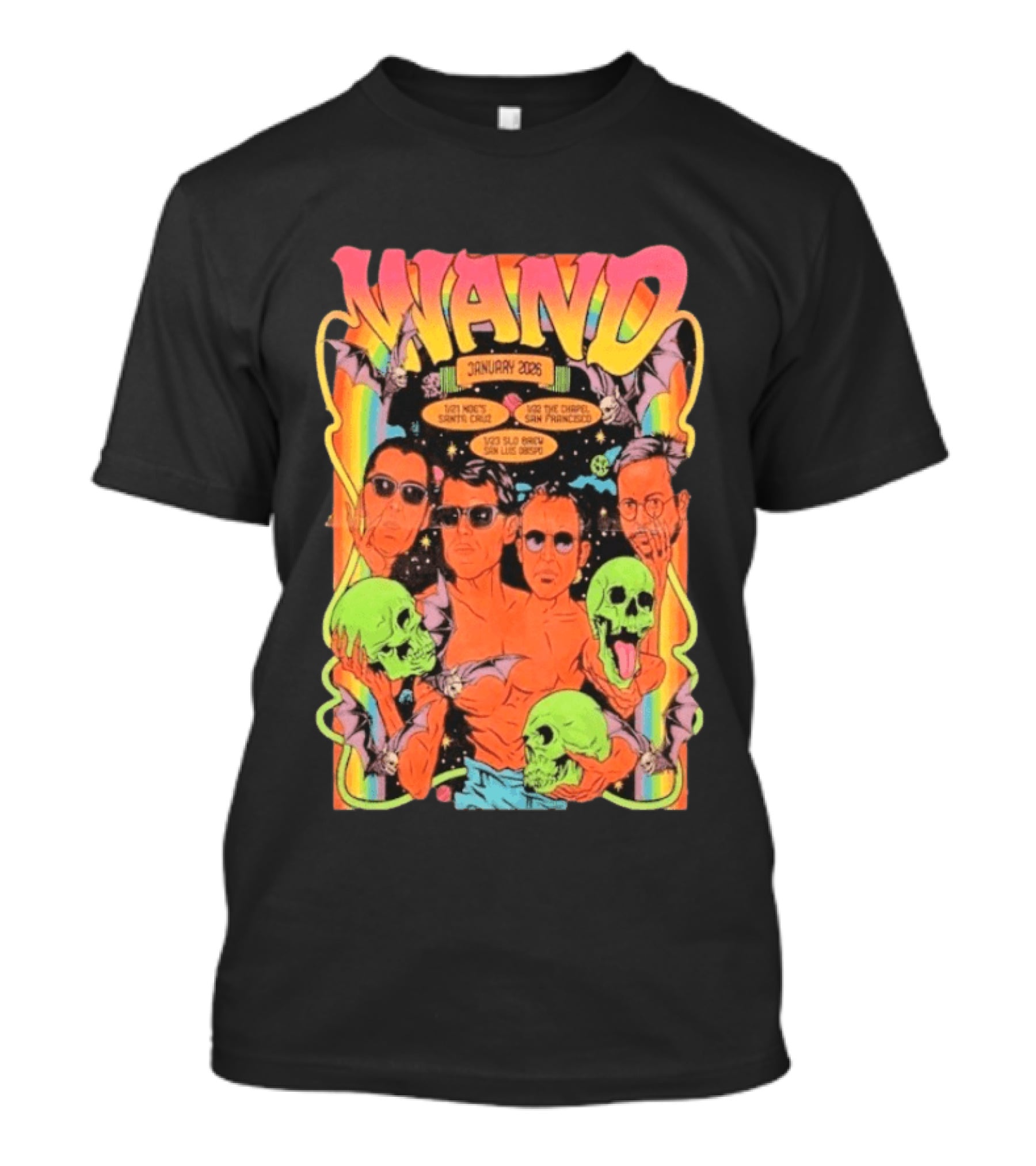WAND January 2026 Tour Santa Cruz San Francisco San Luis Obispo Skulls And Bats T-Shirt