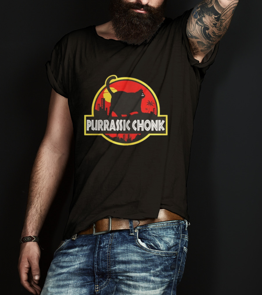 Purrassic Chonk Jurassic Cat Parody With Cat Silhouette On Red Sun T-Shirt