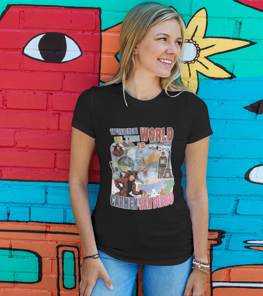 Where In The World Is Carmen Sandiego Map And Landmarks Collage T-Shirt