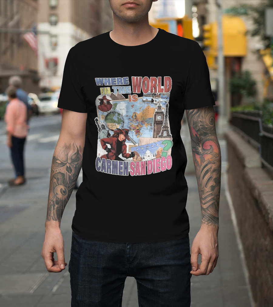 Where In The World Is Carmen Sandiego Map And Landmarks Collage T-Shirt