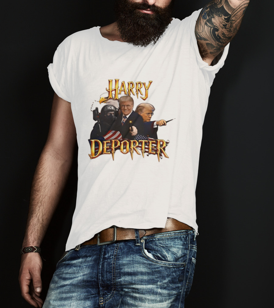 Harry Deporter Trump ICE Caricature American Flag Wand And Eagle T-Shirt
