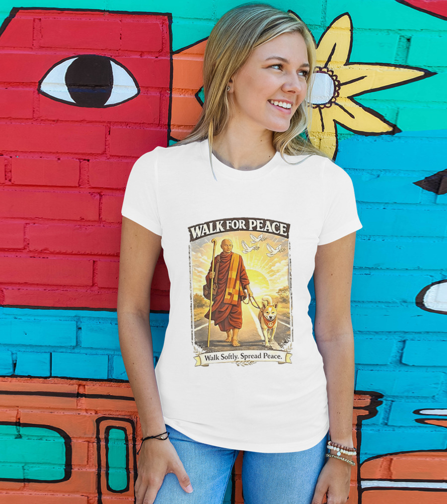Walk For Peace Walk Softly Spread Peace Monks And Aloka The Peace Dog Doves Sun T-Shirt