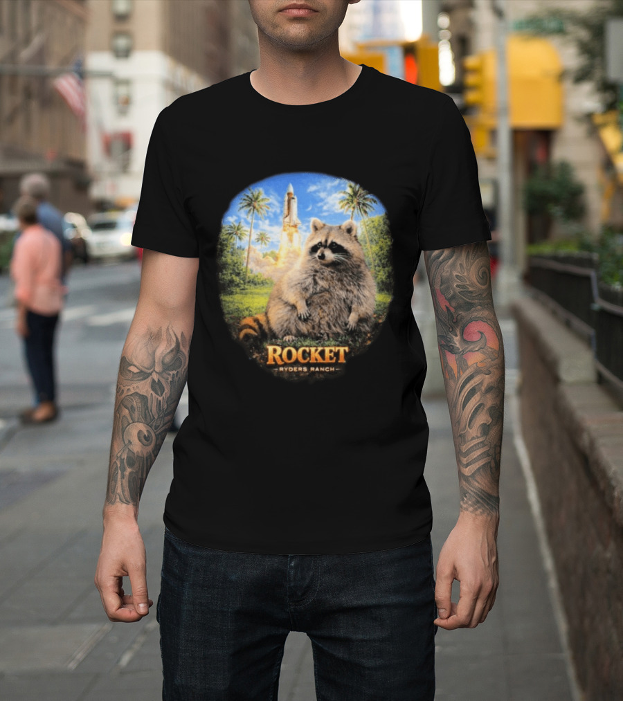 Rocket Raccoon Space Launch Tylernolantattoos Ryders Ranch T-Shirt
