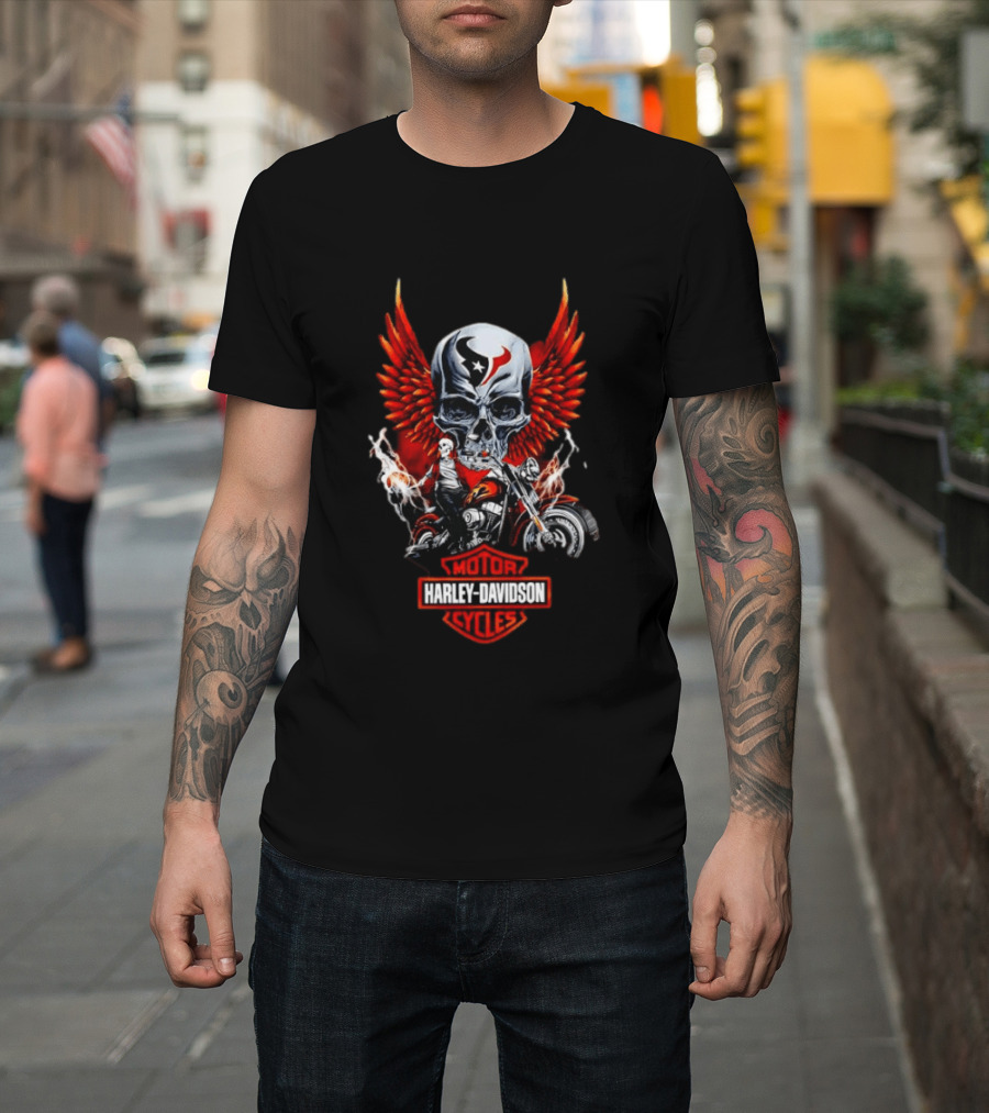 Houston Texans Harley Davidson Motorcycles Skull Wings Red Flames T-Shirt