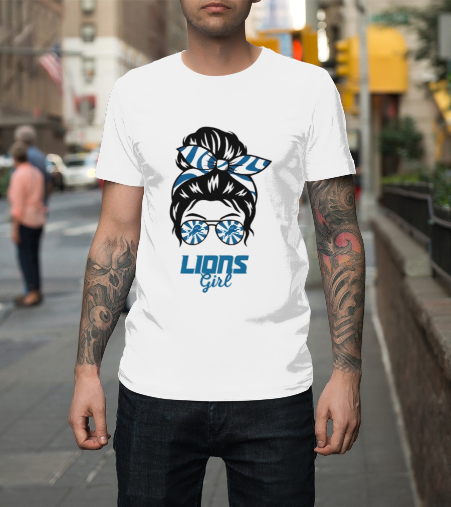 Detroit Lions Girl Glasses Messy Bun T-Shirt
