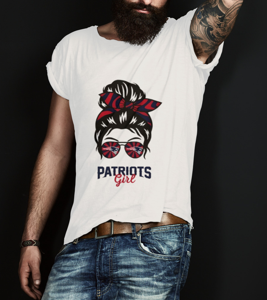 Patriots Girl Messy Bun Glasses Red Blue Bow Fan T-Shirt